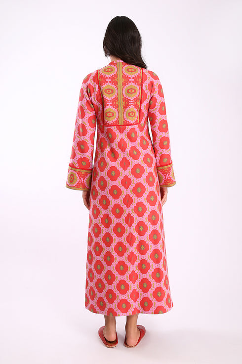 Long dress in printed cotton cashmere blend with front and back bib